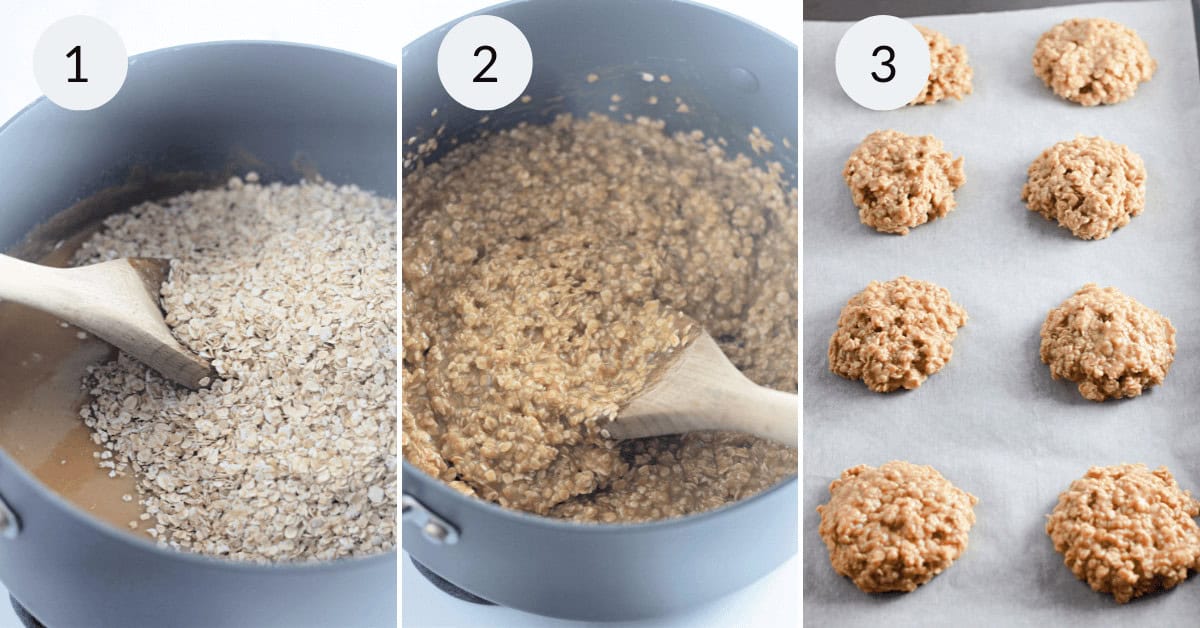 Three-step process for No Bake Peanut Butter Oatmeal Cookies: oats mixed into a pot, mixture stirred to combine, and spoonfuls of dough placed on a baking sheet lined with parchment paper.
