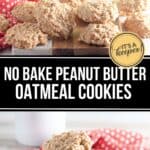 A batch of No Bake Peanut Butter Oatmeal Cookies sits on a wooden board with a red polka dot cloth, set on a white table near a window.