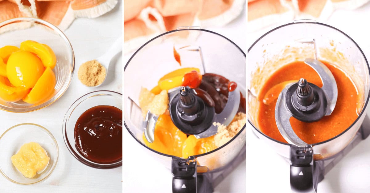 Three images show the steps to make a delicious peach BBQ sauce. Ingredients are in bowls: peach slices, BBQ sauce, cider vinegar, and spices. Blended together in a food processor, it results in a smooth Peach BBQ Sauce perfect for any barbecue dish.