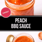 Image of a jar filled with Sweet Peach BBQ Sauce. The top photo shows a spoon lifting the delectable Peach BBQ Sauce from the jar, while the bottom photo displays the jar with a spoon beside it.
