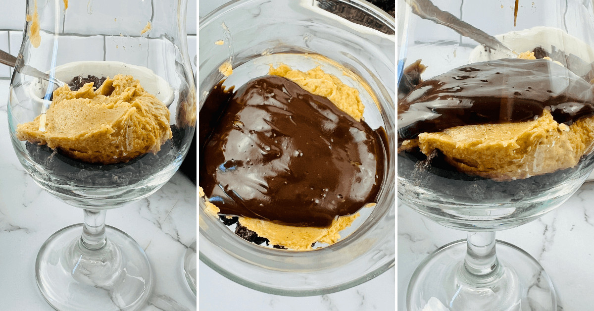 Layering all the chocolate and peanut butter dish together.