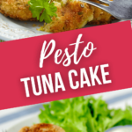 Pesto tuna cakes on a white plate.