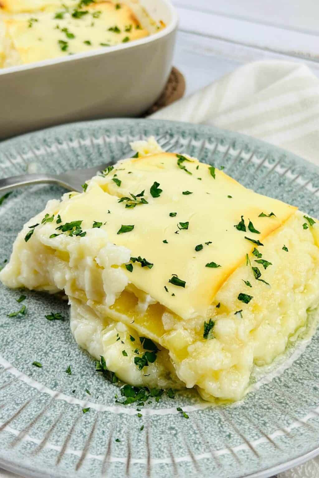 Parsley on top of the pierogi casserole.