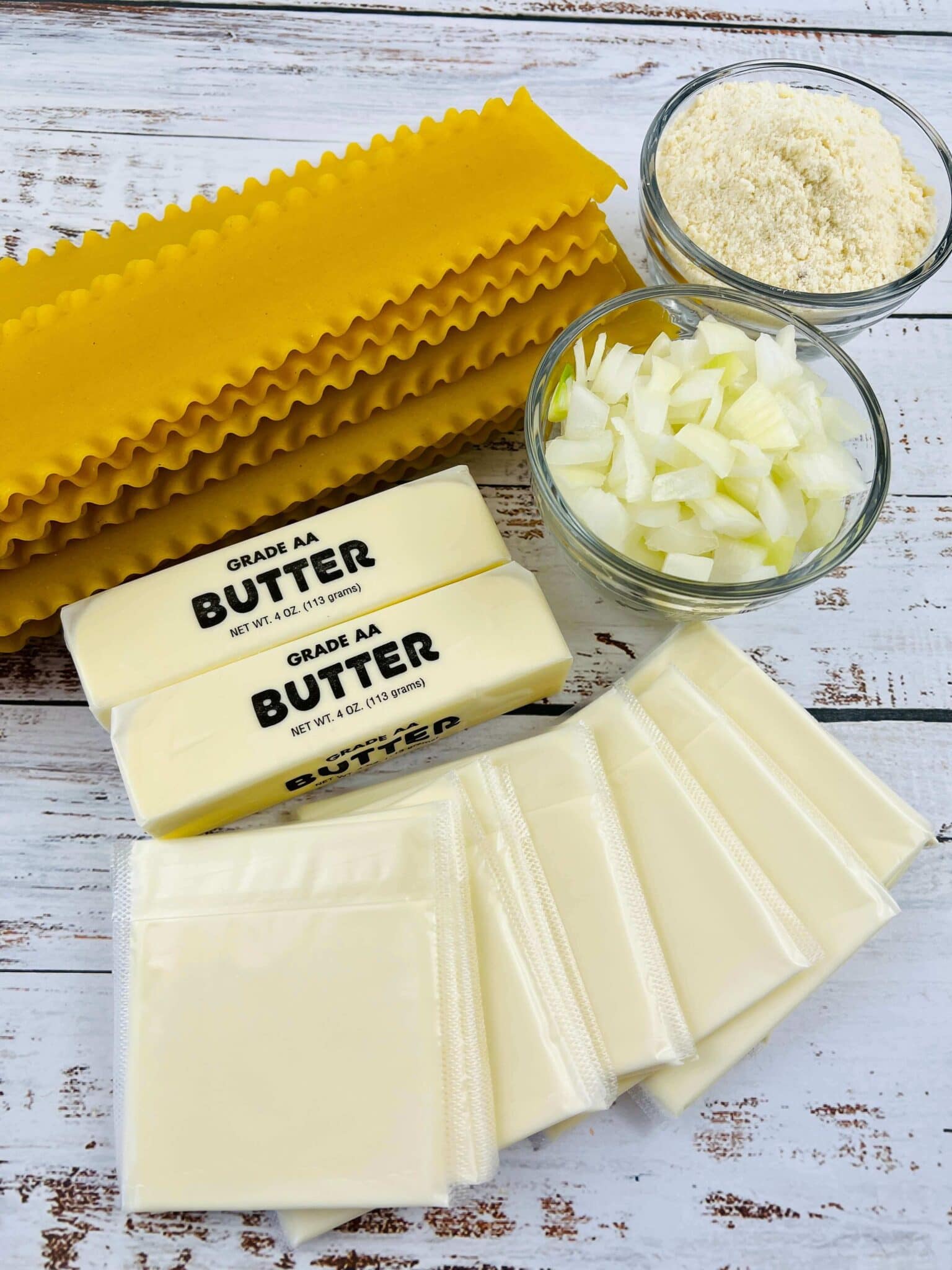 Cheese, noodles, potatoes for the dish.