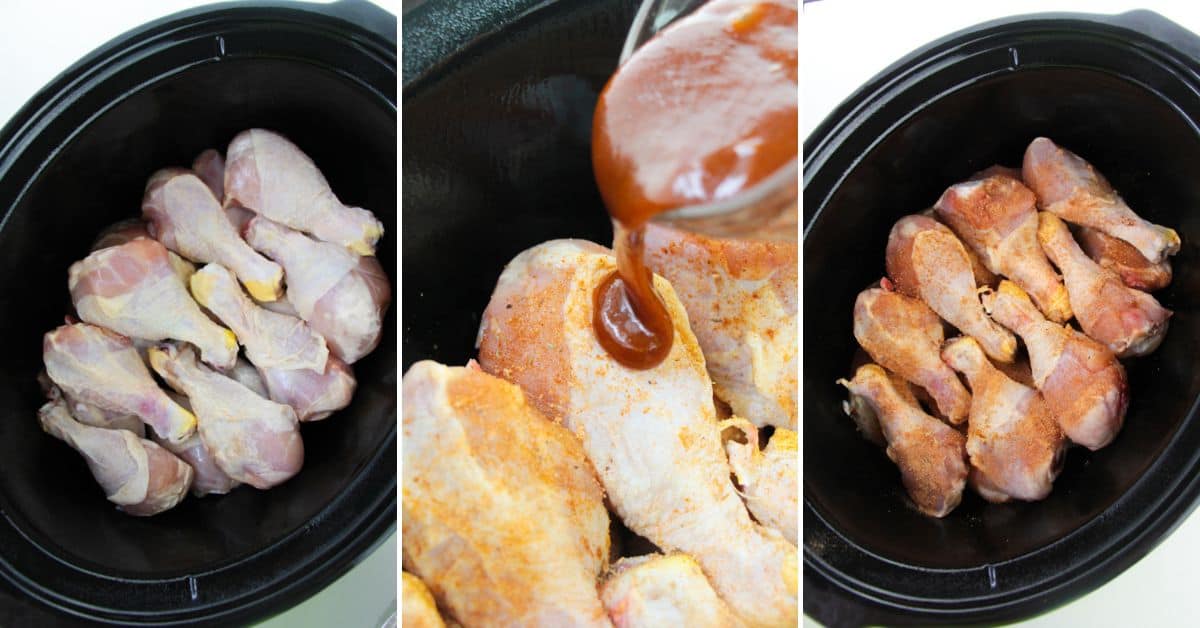 Three side-by-side photos show raw BBQ Slow Cooker Drumsticks in a slow cooker, seasoning and sauce being added, and chicken coated with sauce, ready to cook.