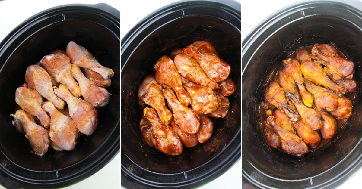Three stages of BBQ raw seasoned chicken drumsticks, drumsticks coated in barbecue sauce, and fully cooked drumsticks.