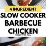 BBQ Slow Cooker Drumsticks served atop creamy mashed potatoes on a sleek black plate, with text overlay reading "4 Ingredient Slow Cooker Barbecue Chicken.