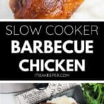 Two BBQ Slow Cooker Drumsticks served on a bed of mashed potatoes, shown on a black plate with a parsley garnish and a printed recipe card.