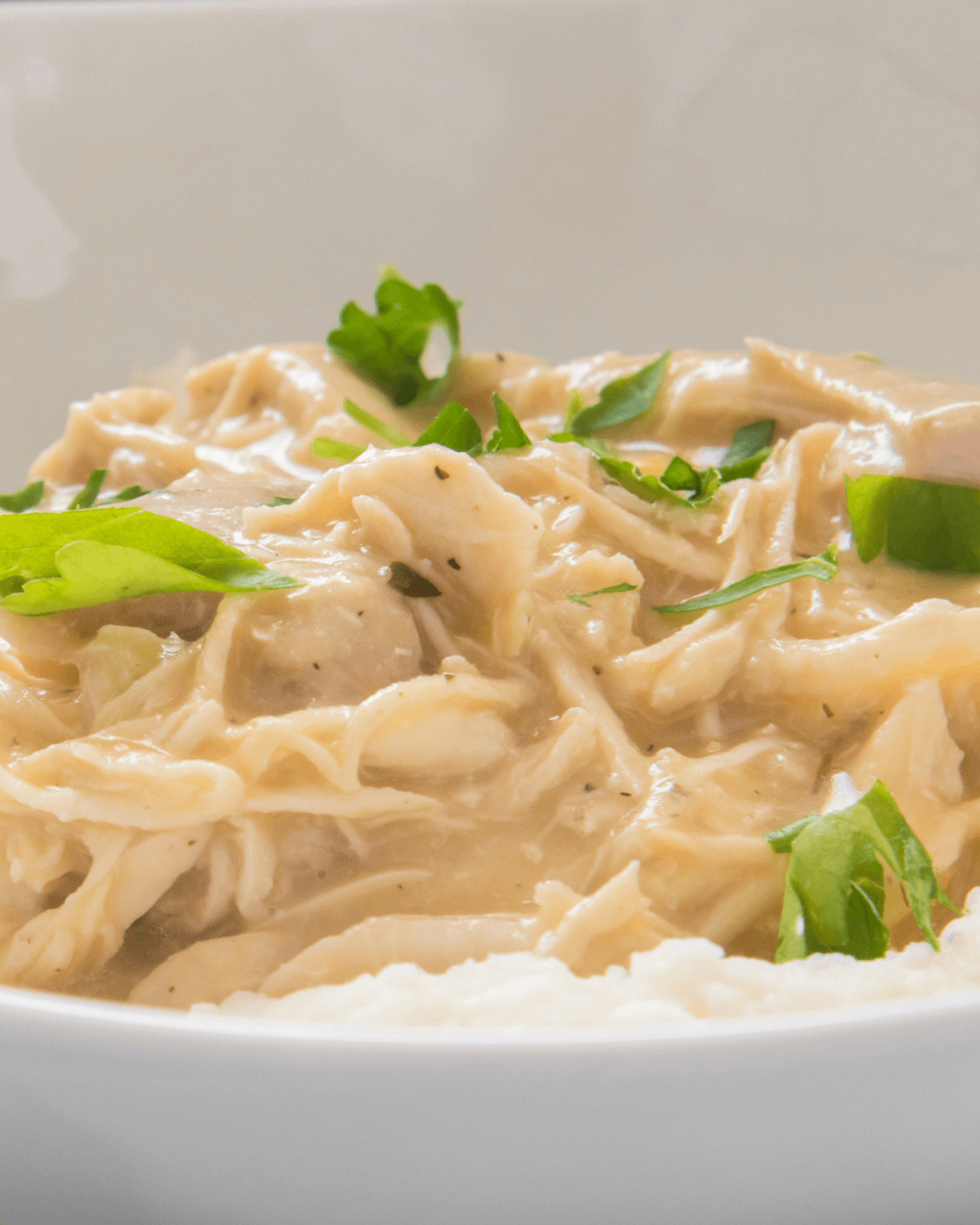 A traditional shredded chicken with gravy over mashed potatoes.