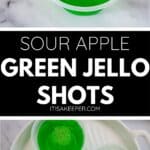 Three Green Jello Shots are topped with sour candy, displayed in a white round dish on a marble surface.