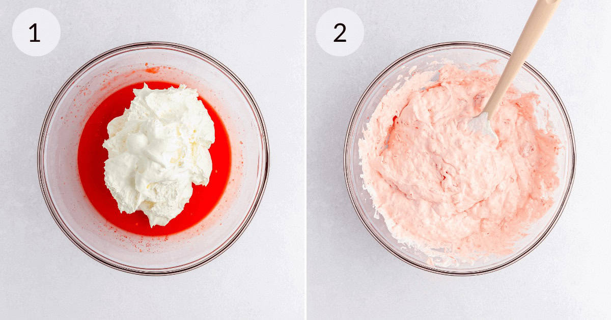 Two images: 1) A bowl with red liquid and white cream dollops, resembling the start of a Strawberry Fluff Salad, 2) A bowl with the ingredients mixed into a pink creamy mixture with a spatula.