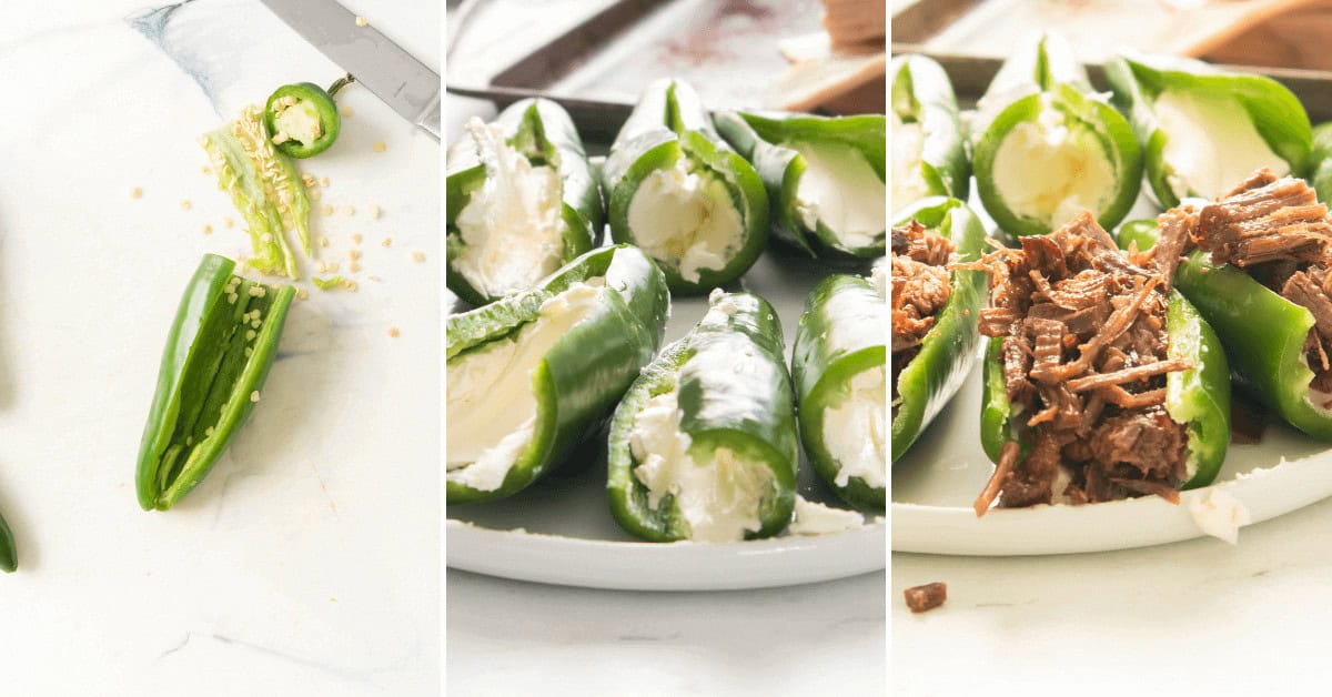 Three images showcasing green peppers sliced with seeds, stuffed with cream cheese, and topped with shredded meat.