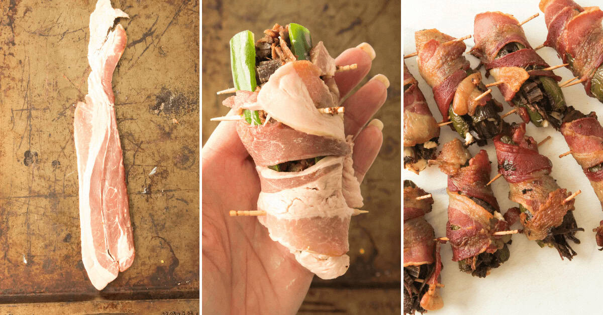 Sequence showing preparation of Texas Twinkies: raw bacon on a tray, jalapeño filled and wrapped with bacon, and final cooked bacon-wrapped jalapeños resting on a pristine white surface.