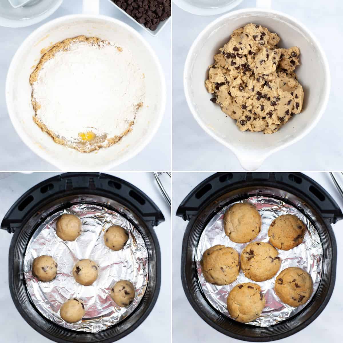 Four images show: a mixing bowl with flour and wet ingredients, mixed bakery style chocolate chip cookie dough, raw dough balls in an air fryer lined with foil, and baked cookies in the same air fryer.