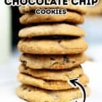 A stack of bakery style chocolate chip cookies on a white plate with text overlay reading "Air Fryer Chocolate Chip Cookies" and an arrow pointing to a cookie labeled "gooey.