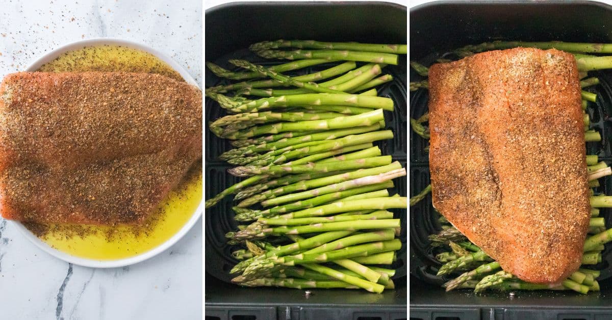 A seasoned salmon fillet is shown before and after being cooked on a bed of fresh asparagus in an air fryer, highlighting the perfect pairing of salmon and asparagus for a delicious and healthy meal.