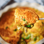 A bite of bisquick chicken pot pie on a fork.
