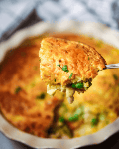 A bite of bisquick chicken pot pie on a fork.