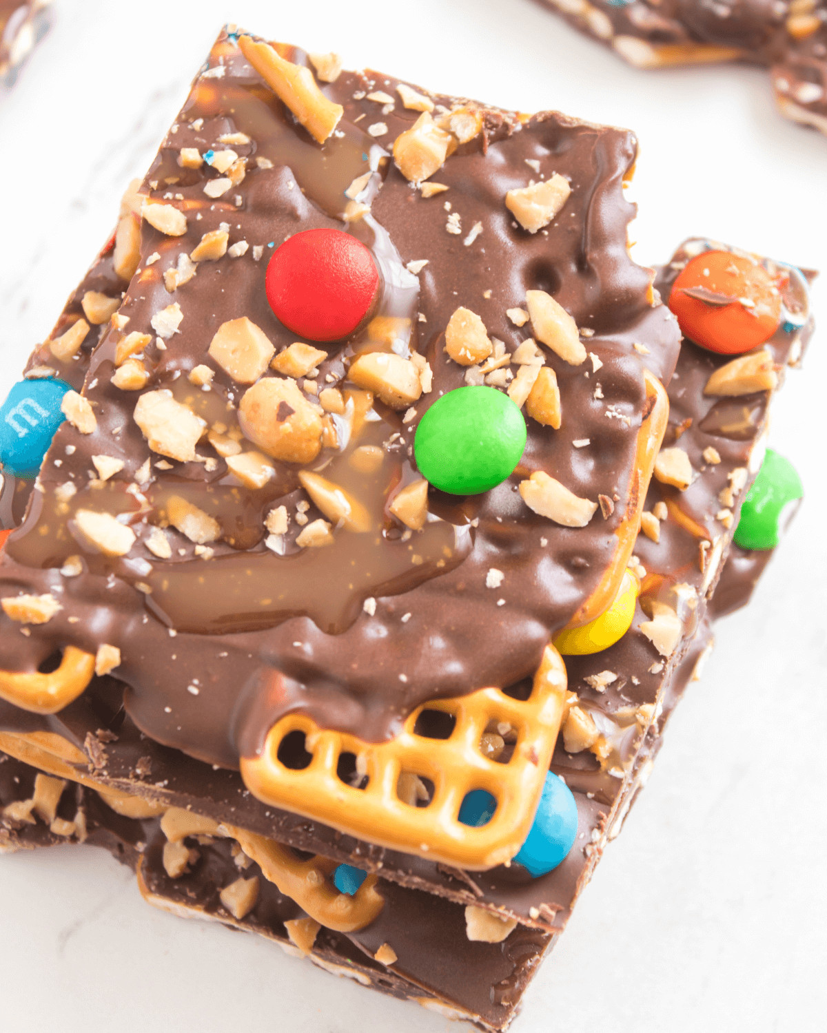 A pretzel bark with m&m's on top.