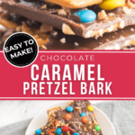 A close up view of the chocolate caramel pretzel bark.