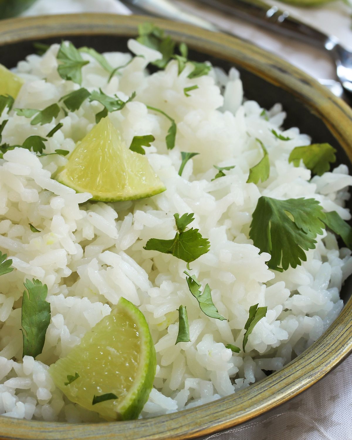 A finished bowl of the copycat chipotle lime rice.