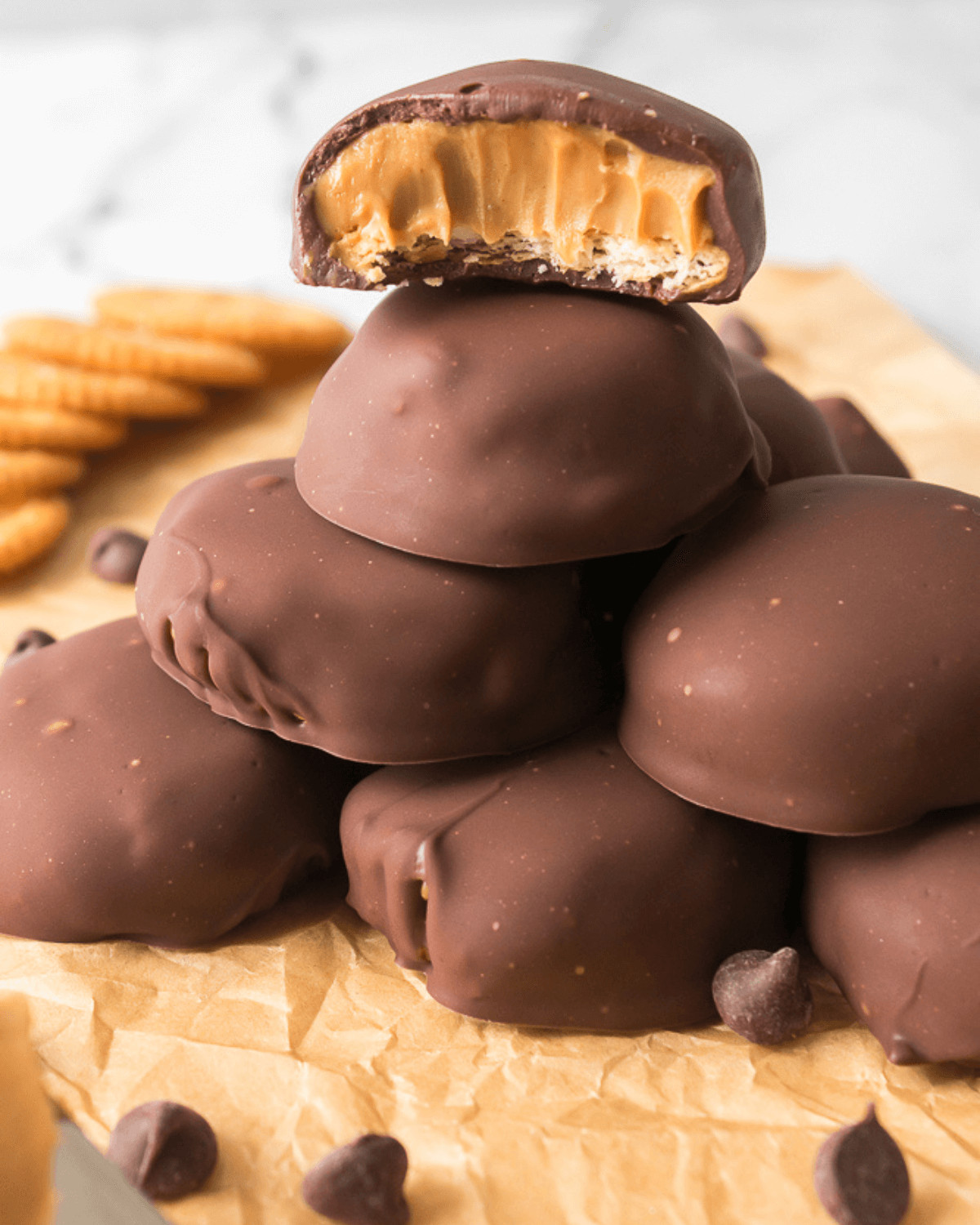 A stack of copy cat girl scout peanut butter patties.