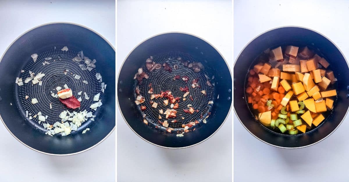 Three side-by-side pans show the stages of making Panera Autumn Squash Soup: sautéing onions with tomato paste, adding chopped ingredients, then stirring in diced vegetables and broth.
