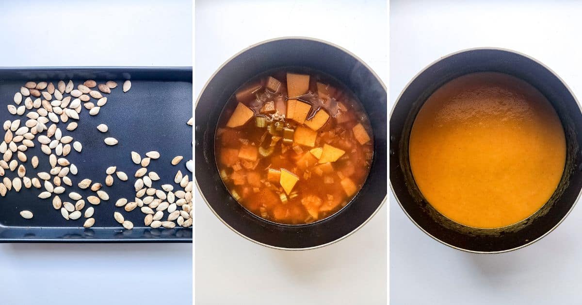 Three images show: pumpkin seeds on a baking tray, chopped pumpkin and vegetables in a pot, and a pot of smooth blended soup inspired by Panera Autumn Squash Soup.