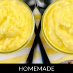 Two bowls of creamy Dole Pineapple Whip dessert with two black spoons rest on a yellow and white striped cloth. Text reads “Homemade Dole Pineapple Whip.”.