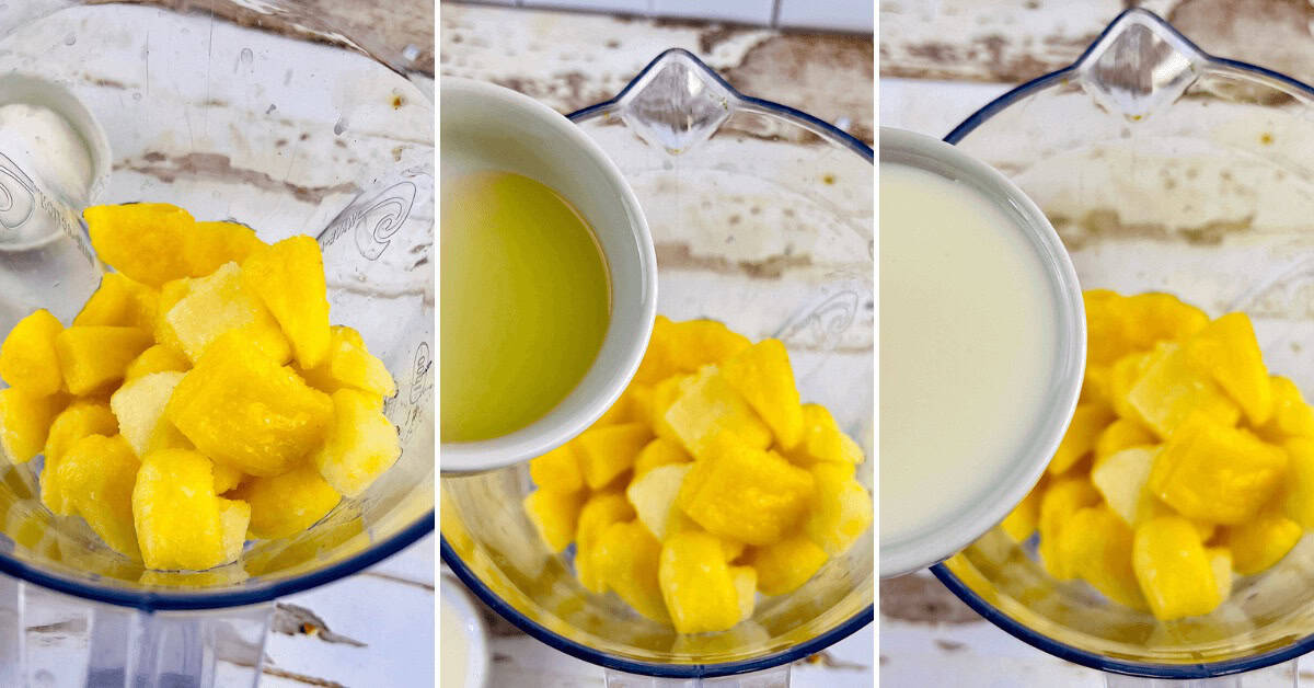 Three-step collage: frozen mango chunks in a blender, lime juice being poured in, then milk being added for a creamy twist—perfect for making your own refreshing Dole Pineapple Whip-inspired treat.