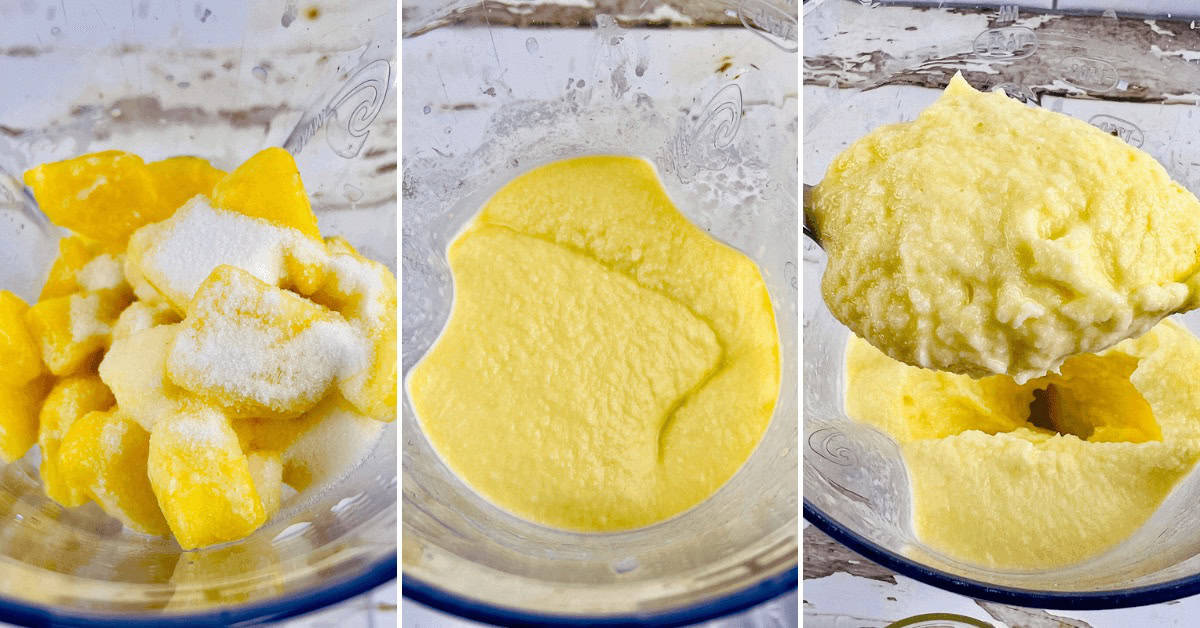 Three-step process of making mango sorbet: frozen mango chunks with sugar, blended mango mixture, and a spoonful of finished sorbet above the bowl—refreshing and reminiscent of Dole Pineapple Whip.