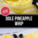 A glass bowl of homemade Dole Pineapple Whip sits on a yellow striped cloth, with two black spoons beside it.