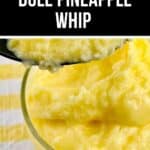 A bowl of homemade Dole Pineapple Whip with a spoonful being lifted, set on a yellow and white striped cloth.