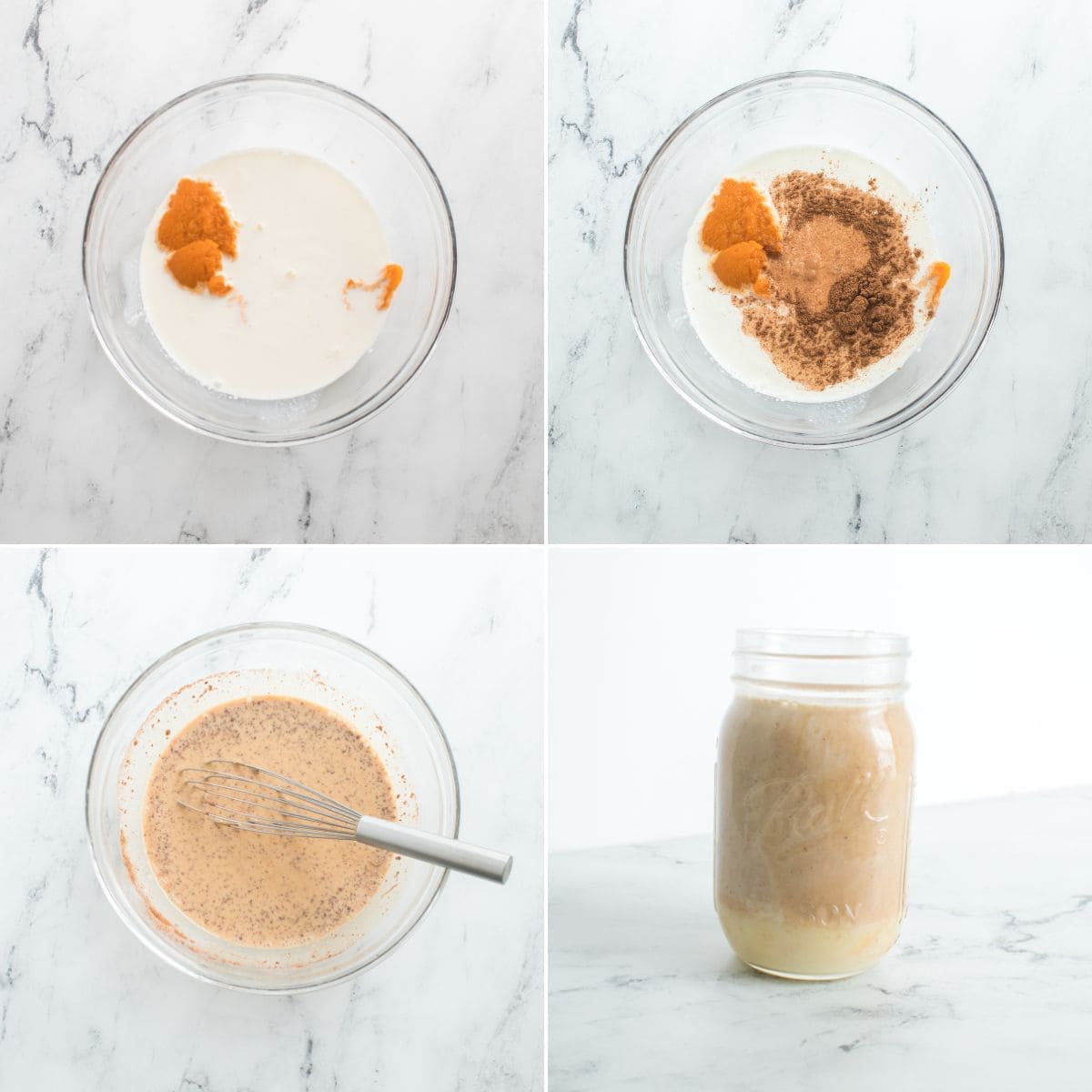 Four images show the process of mixing Homemade Pumpkin Spice Creamer ingredients in a glass bowl and whisking them, followed by the finished mixture in a mason jar on a white surface.