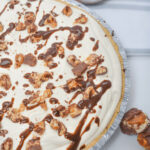 A view of the top of the no bake snickers pie.