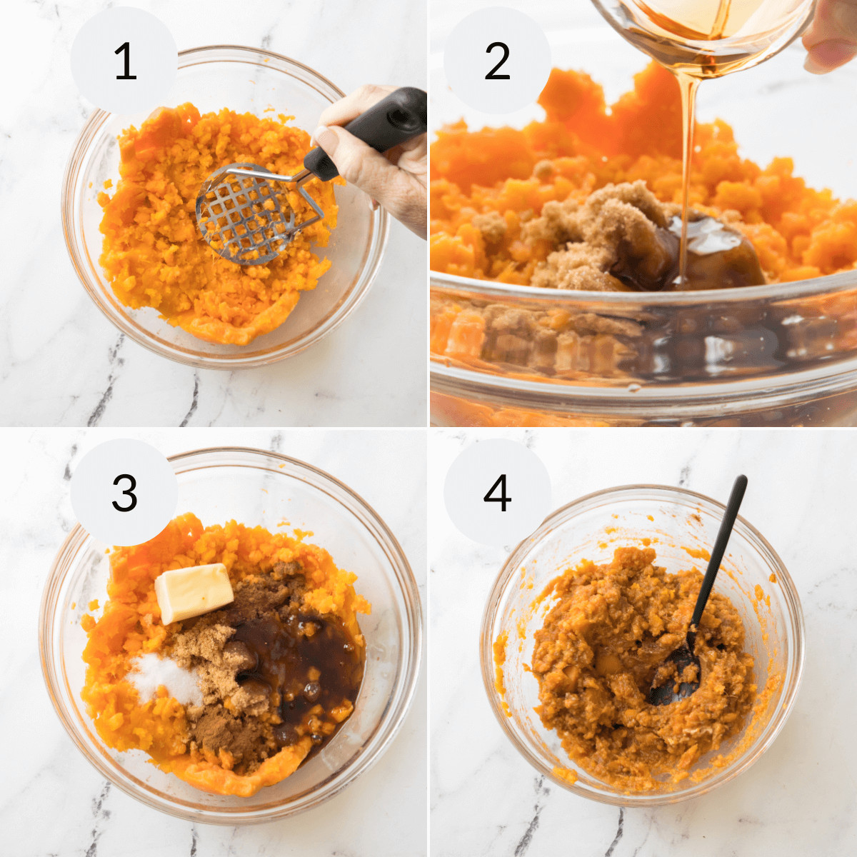 Making a sweet potato mixture and adding the delicious additions to the potatoes.