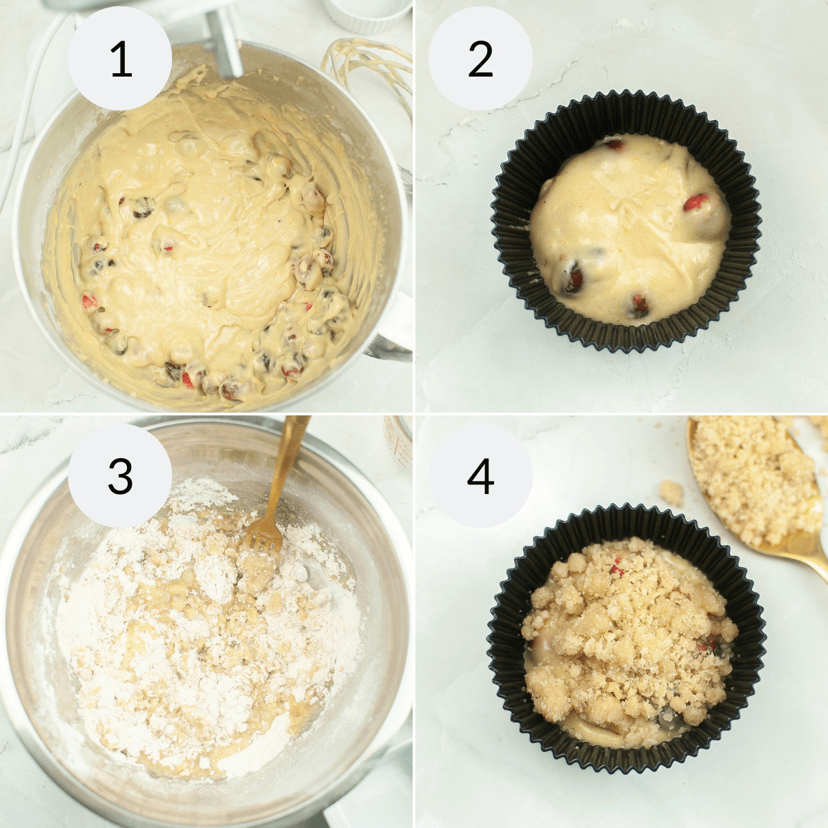 Adding the wet ingredients and filling the cups with the batter and topping with the streusel. 
