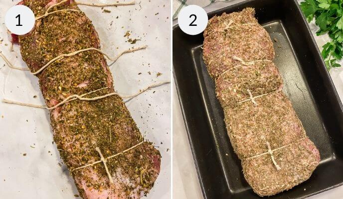 Place the twine on the roast and finally place in a pan and cooking.