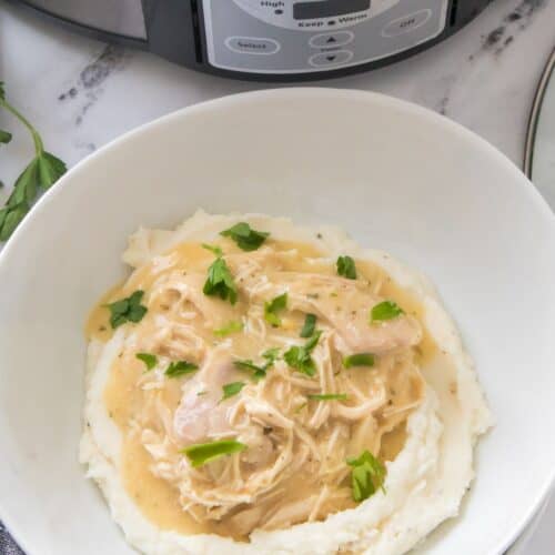 A bowl of mashed potatoes topped with savory chicken and gravy, garnished with parsley, sits on a marble surface in front of a Crock-Pot slow cooker.