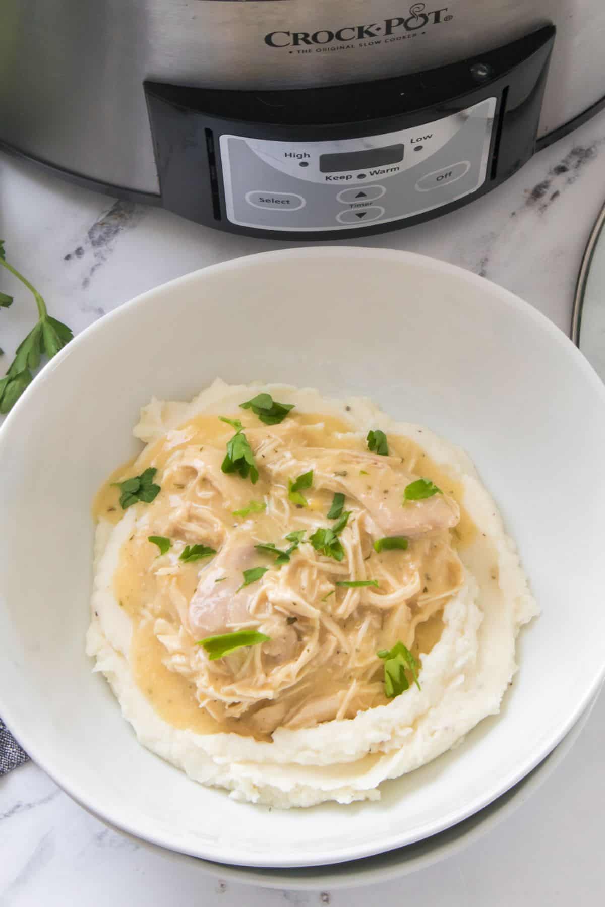 A bowl of mashed potatoes topped with savory chicken and gravy, garnished with parsley, sits on a marble surface in front of a Crock-Pot slow cooker.