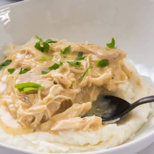 Bowl of mashed potatoes topped with creamy Chicken and Gravy, garnished with chopped green onions and parsley, with a black spoon resting in the dish. A slow cooker is in the background.
