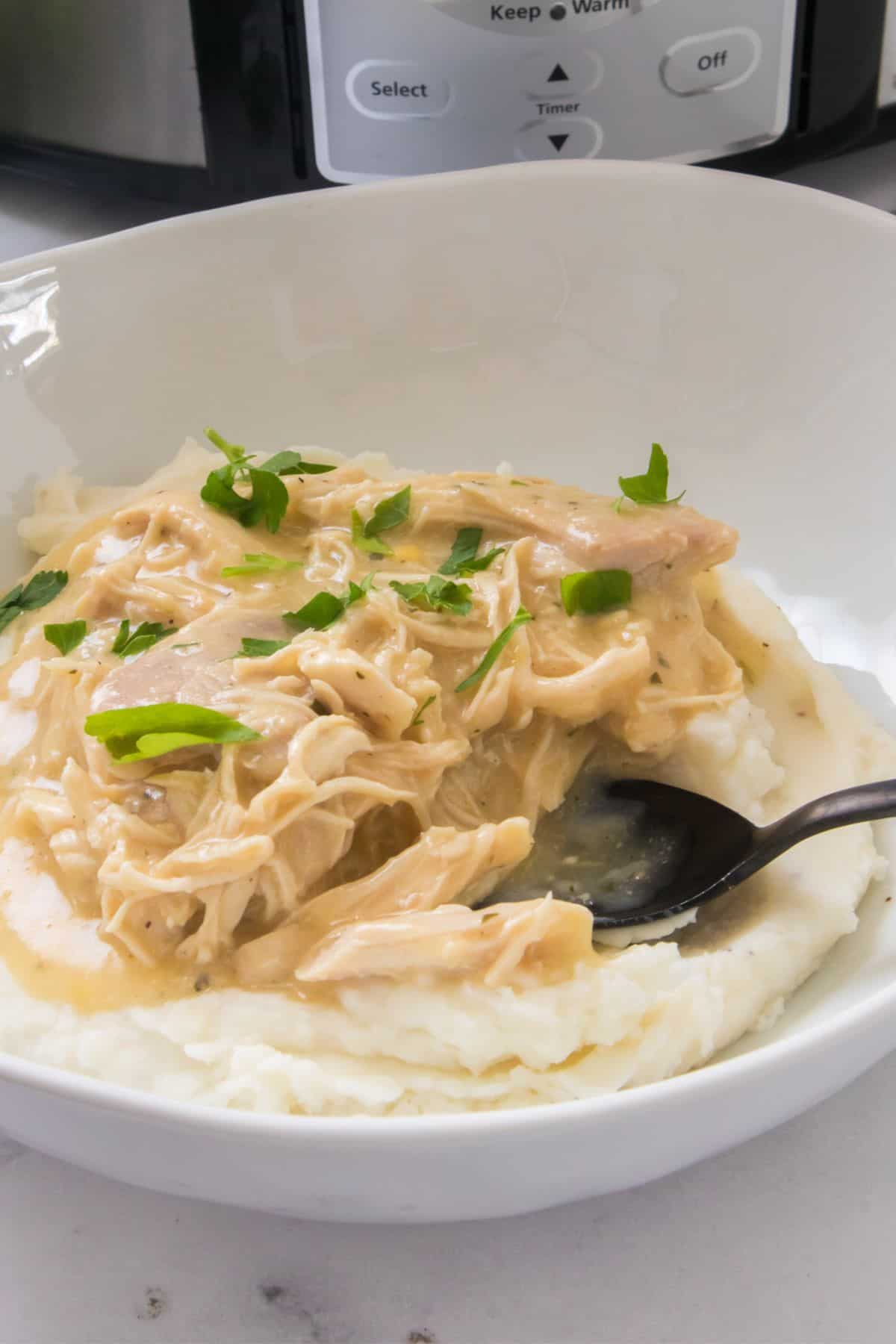 Bowl of mashed potatoes topped with creamy Chicken and Gravy, garnished with chopped green onions and parsley, with a black spoon resting in the dish. A slow cooker is in the background.