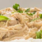 A close-up shows tender shredded chicken in creamy gravy, garnished with chopped parsley, served over a bed of mashed potatoes.