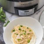 A bowl of mashed potatoes topped with shredded chicken and gravy, garnished with parsley, sits in front of a slow cooker filled with savory chicken and gravy.