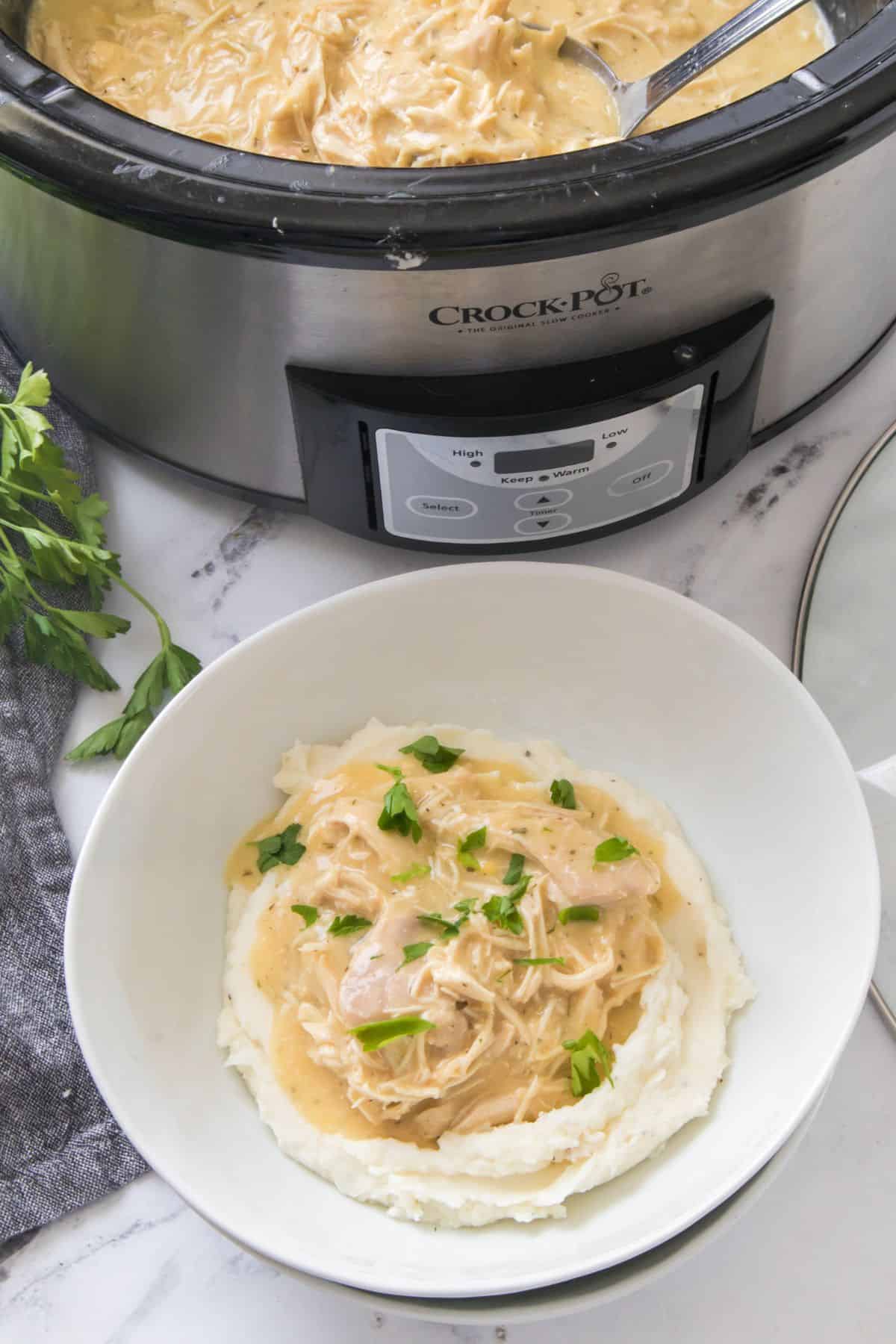 A bowl of mashed potatoes topped with shredded chicken and gravy, garnished with parsley, sits in front of a slow cooker filled with savory chicken and gravy.