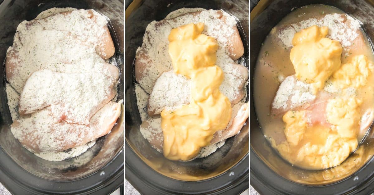 Three-panel image showing raw chicken breasts in a slow cooker: first coated with flour, then topped with cheese sauce and Chicken and Gravy, and finally with the creamy sauce spread evenly around the chicken.