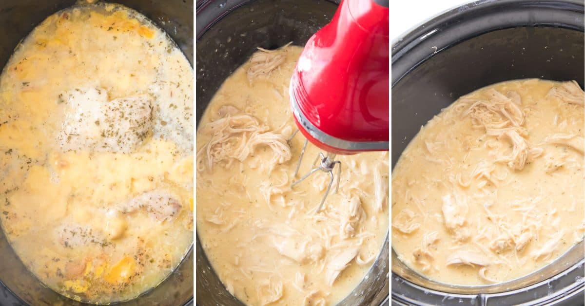 Three-step process cook ingredients, mix with a hand mixer, and end with tender shredded chicken immersed in rich gravy.