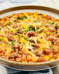A stoneware bowl of the slow cooker taco chili.