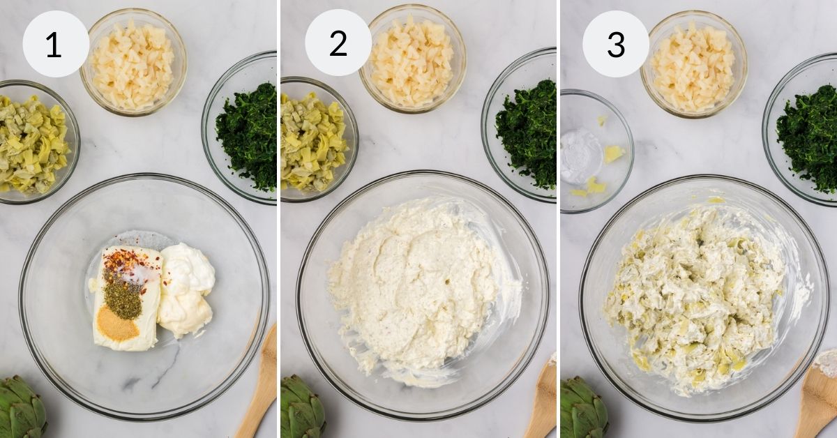 Four stages of making artichoke risotto with spinach and artichoke dip without mayo.