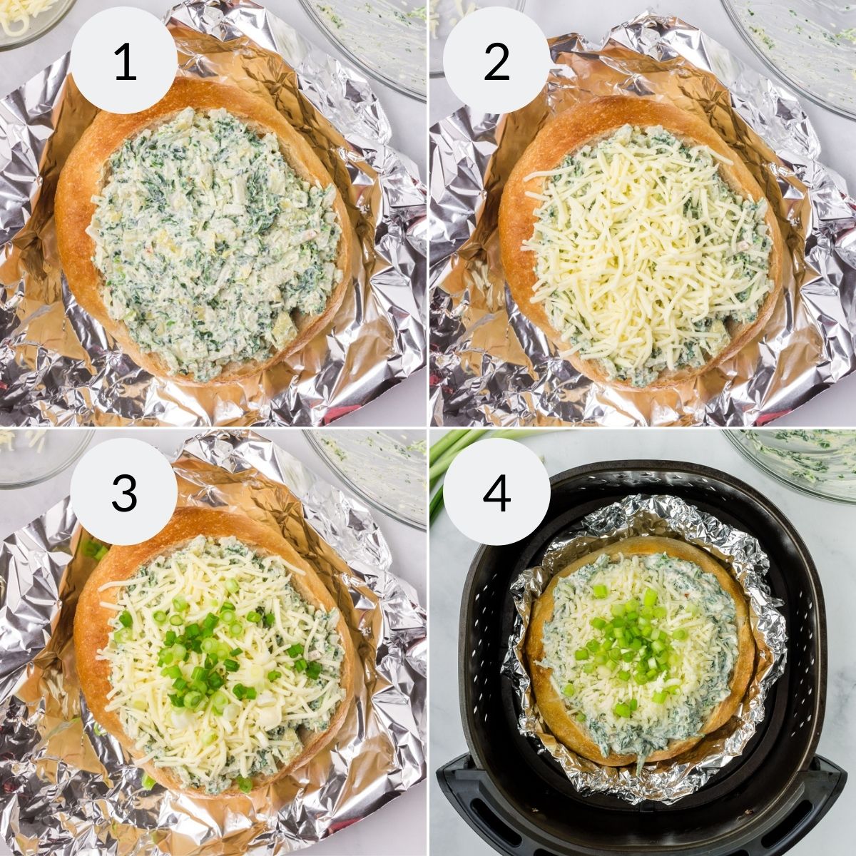Four pictures showing how to make a spinach and cheese pizza in the air fryer using spinach without mayo.